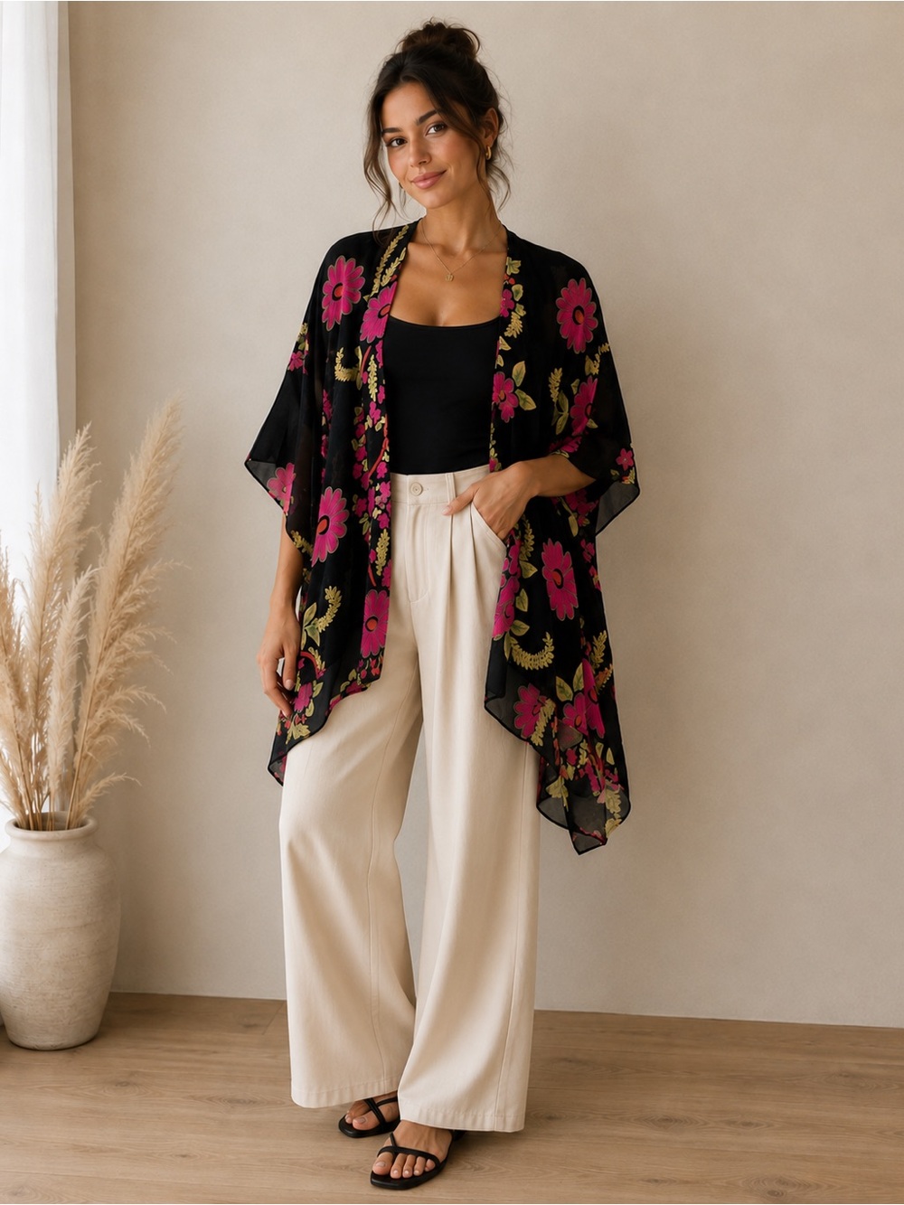 WOVEN HEART Velvet Burnout Black and pink floral Kimono Top Robe Boho